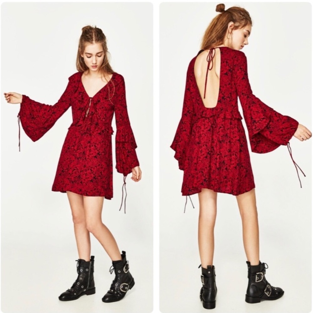 Zara Floral Bell Sleeve Boho Backless Tie Up Dress